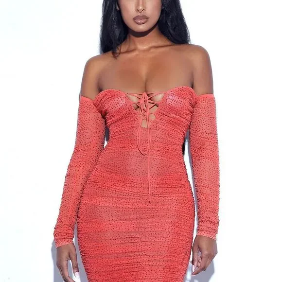 Miss Circle | Dresses | Off Shoulder Long Sleeve Mesh Dress With Crystals  Xl | Poshmark